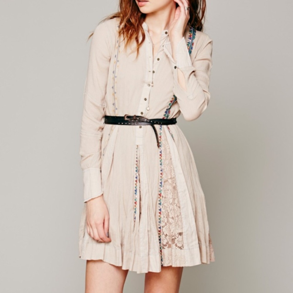 Free People Womens FP ONE Boho Shirt Dress Lace Inset Embroidered